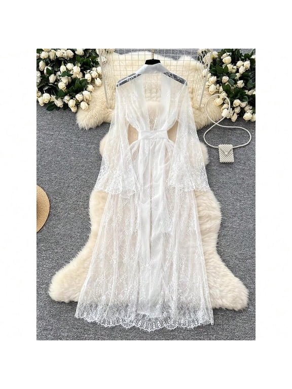 White Lace Sheer Kimono Robe With Belt, Long Sleeve Open-Front Sleepwear