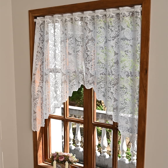 White Lace Sheer Kitchen Valance Curtains for Windows, 160*100cm, Phoenix Tail Flower Pearl Half Curtain