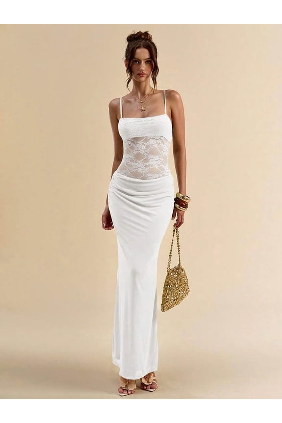 White Lace Sheer Slip Maxi Dress With Ruched Waist And Spaghetti Straps