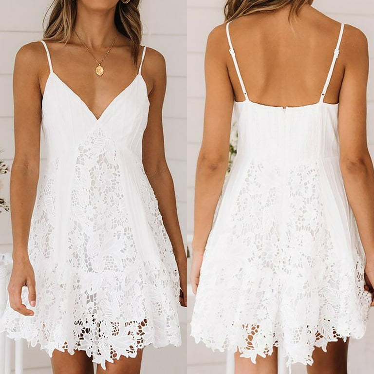 White Lace Spaghtti Strap Mini Dress for Women Sexy Sleeveless V Neck Solid Color Beach Dress Loose Lace Splicing Knee Length Dress