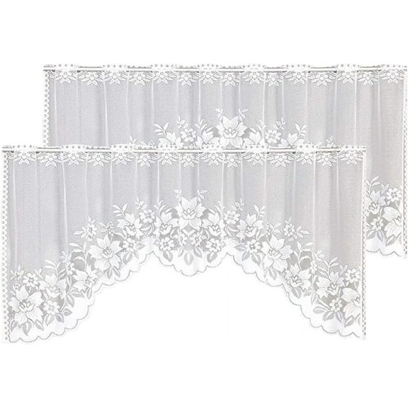 White Lace Swag Curtains for Kitchen, Sheer Floral Embroidery Window Valances Hollow Knitted Home Decor Lace Valance Curtains for Living Room Bathroom Cafe Small Windows