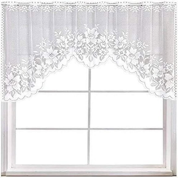 White Lace Swag Curtains for Kitchen, Sheer Floral Embroidery Window Valances Hollow Knitted Home Decor Lace Valance Curtains for Living Room Bathroom Cafe Small Windows