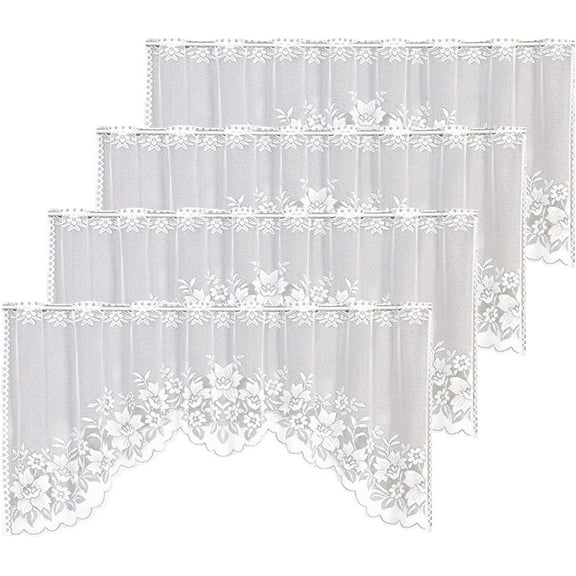 White Lace Swag Curtains for Kitchen, Sheer Floral Embroidery Window Valances Hollow Knitted Home Decor Lace Valance Curtains for Living Room Bathroom Cafe Small Windows