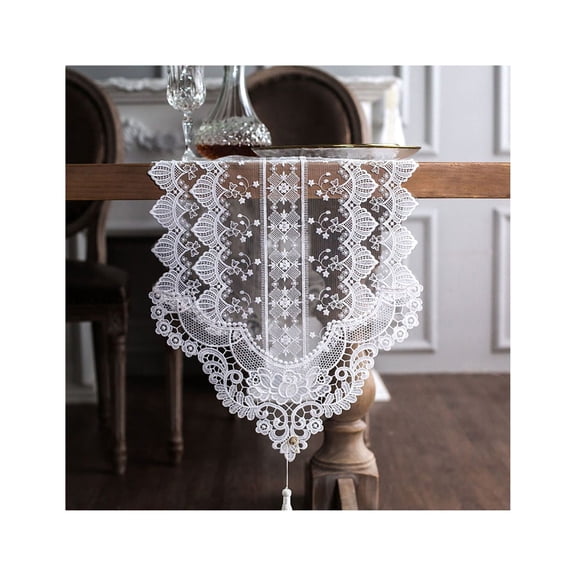 White Lace Table Runner, Exquisite Macrame Table Runner For Wedding Decoration Bohemian Flowers Retro Table Runner Soft Lace Fabric Table Linens-White I-35x120cm(14x47inch)