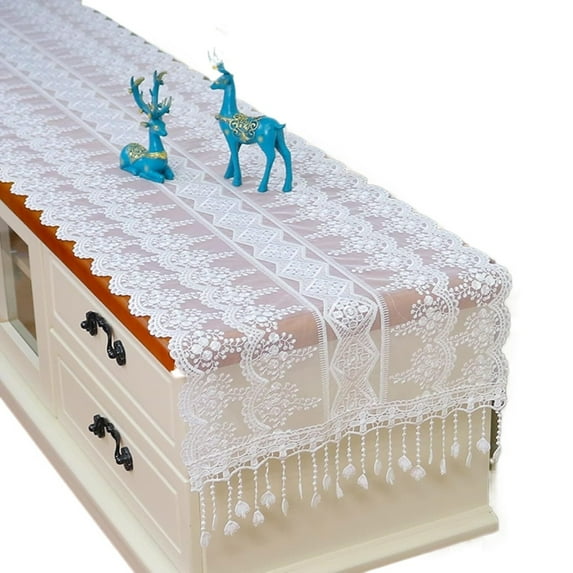 White Lace Table Runner with Tassel Dresser Covers Runners Doilies Bed Runner Long Dining Table Protector Top Cloths Handcrafted Wedding Decorations