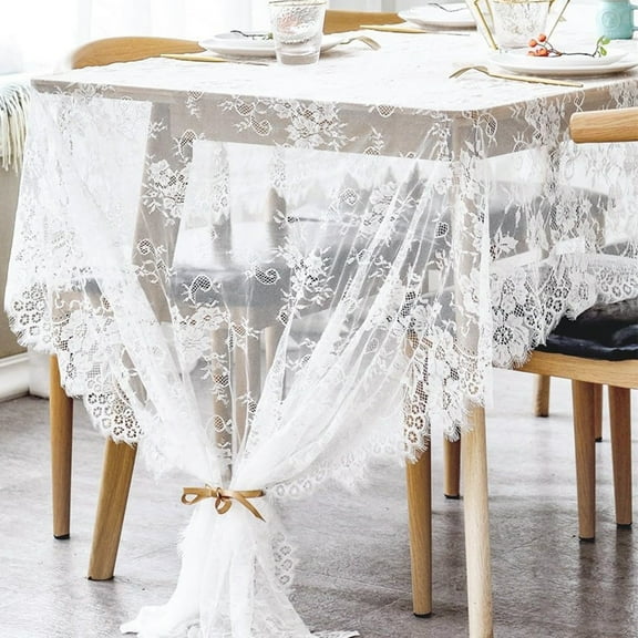 White Lace Tablecloth Overlay Rose Vintage Embroidered, Romantic Boho Wedding Reception Table Decor, Baby & Bridal Shower Décor, Elegant Chic Outdoor Tea Party Tablecover 60x120 Inch