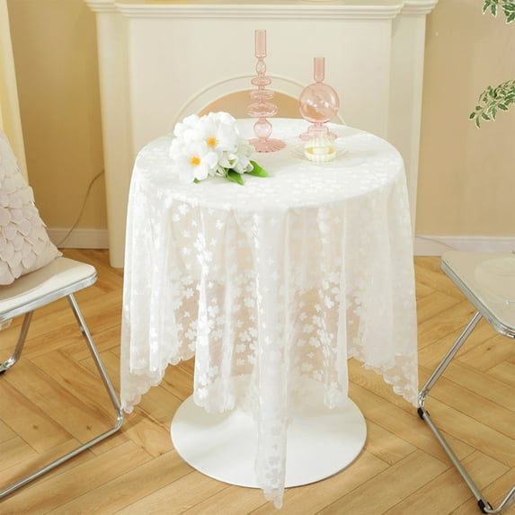 White Lace Tablecloth, Sheer Round Table Cover, Embroidered Hollow-out Design for Dining Room Decor(B)