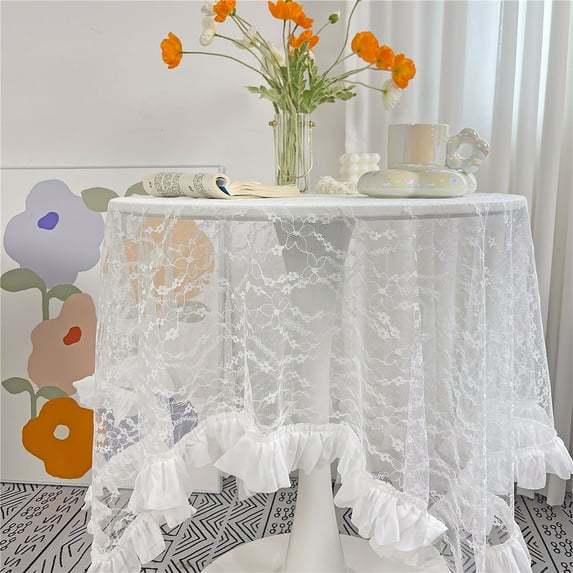 White Lace Tablecloth With Ruffles,Dreamy Table Decorations For Dessert Table Party Wedding-B-100x160cm(39x63in)