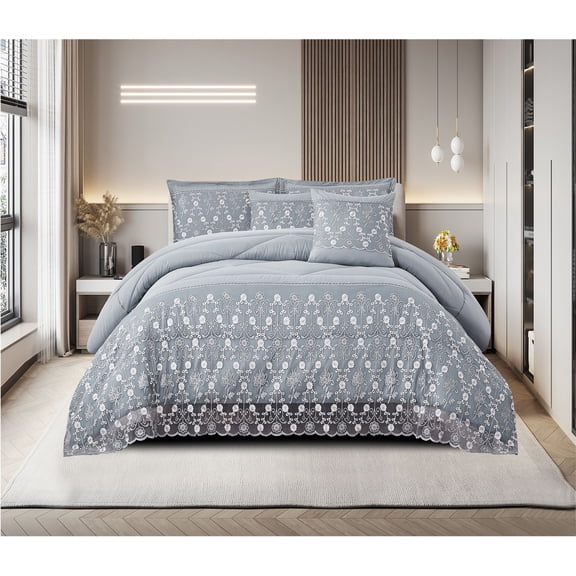 White Lace Trim Quilted Comforter Set 3 Piece, Queen Size - Elegant Bedding with Delicate Lace Edging, 2 Pillowcases Included, All Season Ultra Soft Microfiber, Machine Washable