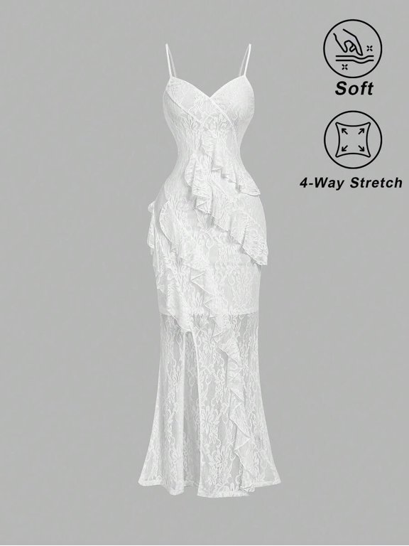 White Lace V-Neck Ruffle Trim High Slit Slip Maxi Dress For Formal Garden Party Or Vacation