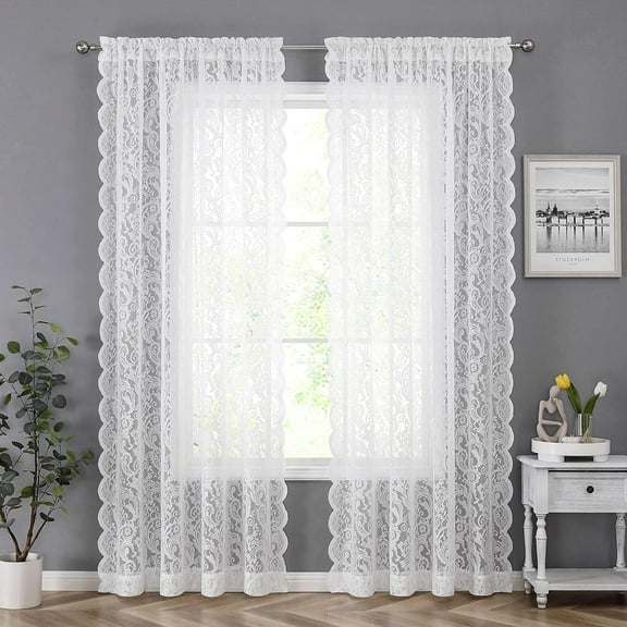 White Lace Window Curtains Vintage Floral Sheer Curtain Panels 95 inch for Living Room Bedroom Elegant Light Filtering White Drapes Window Treatment Sets Rod Pocket 2 Panels 52" Wx95 L