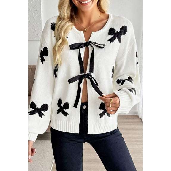 I AM A FASHION JUNKY White Lace-up Bow Pattern Sweater Cardigan