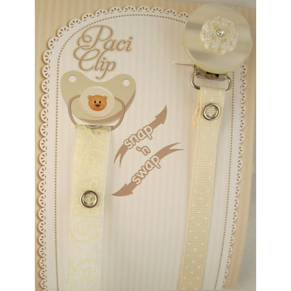 White Lacy Pacifier Clip With Two Interchangeable Ribbons