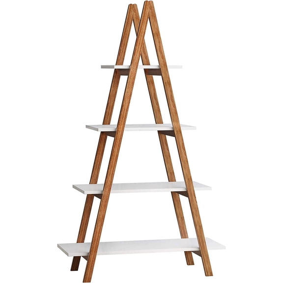 White Ladder Bookshelf 4-Tier Wooden Ladder Shelf with Solid Bamboo A-Frame, Freestanding Display Shelf for Home & Office, Scratch-Resistant, Easy Assembly