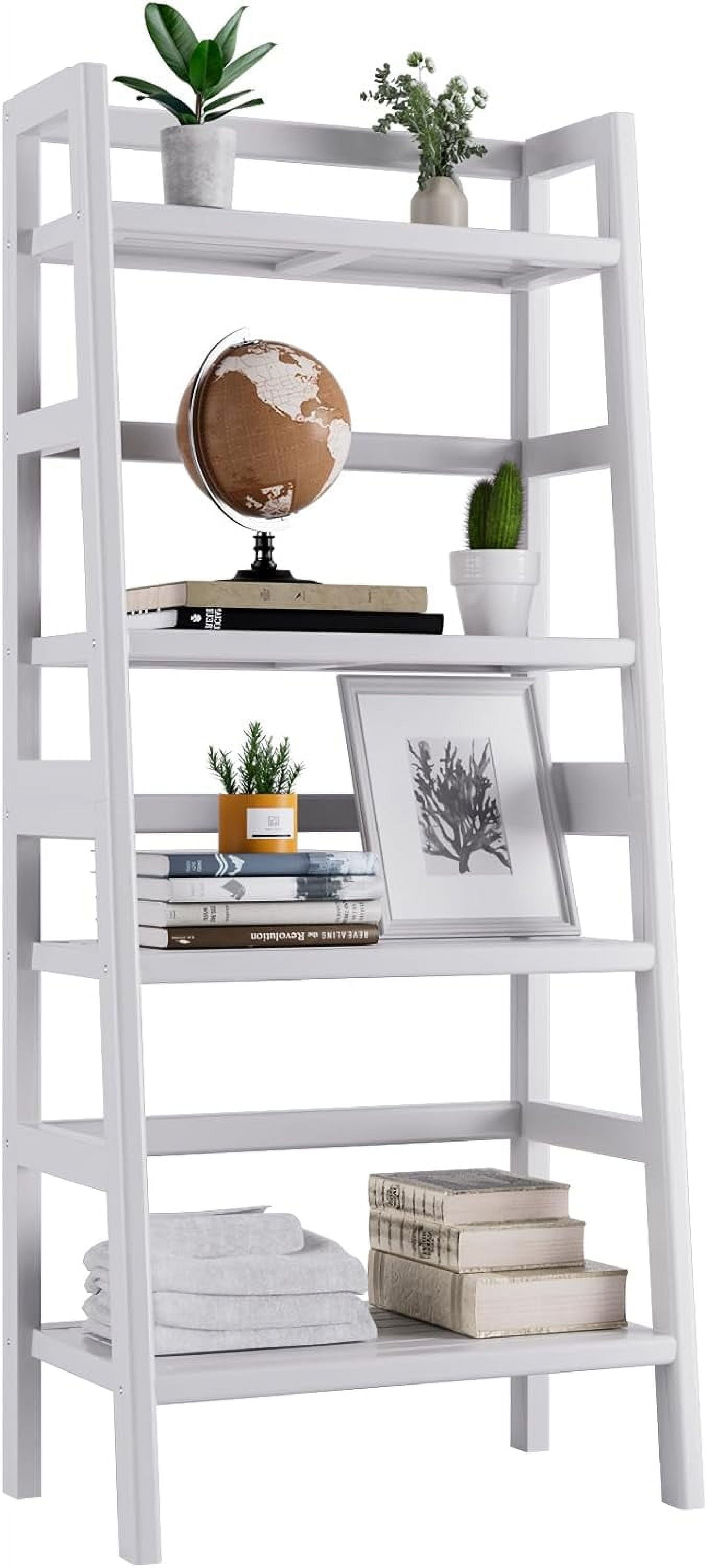 White Ladder Bookshelf, Leaning Bookcase, 4Tier Bamboo Shelf, Floor