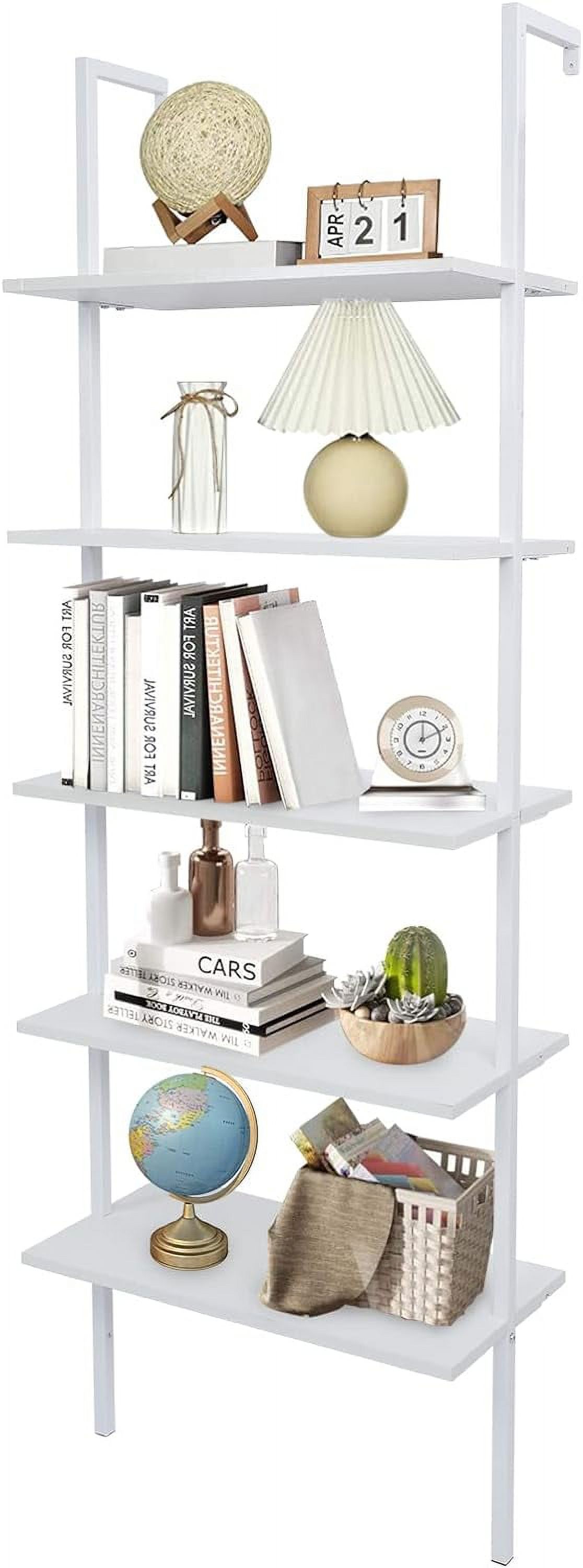 White Ladder Shelf Wall Mount, 5 Tier Ladder Bookshelf with Wood Shelf ...