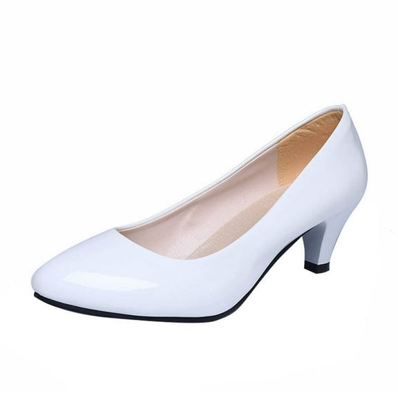 White Ladies Chic Casual Round Toe 3Cm High Heels Slim Heels Shallow Mouth Leather Shoes For Professional And Daily Use
