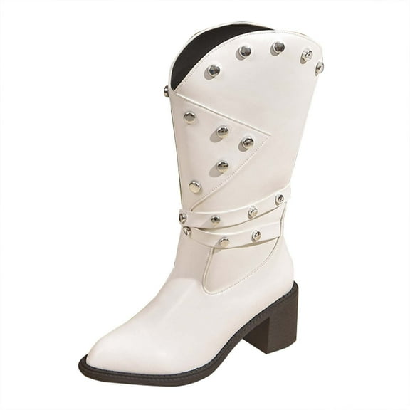 White Ladies Chic Western Boots With A Chunky Heel And Pointed Toe Design With Buckle For Leisure Occasions