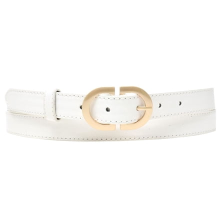 White Ladies Designer Style Stitch Leather Belt Gold Belt Buckle