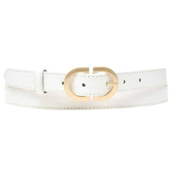White Ladies Designer Style Stitch Leather Belt Gold Belt Buckle