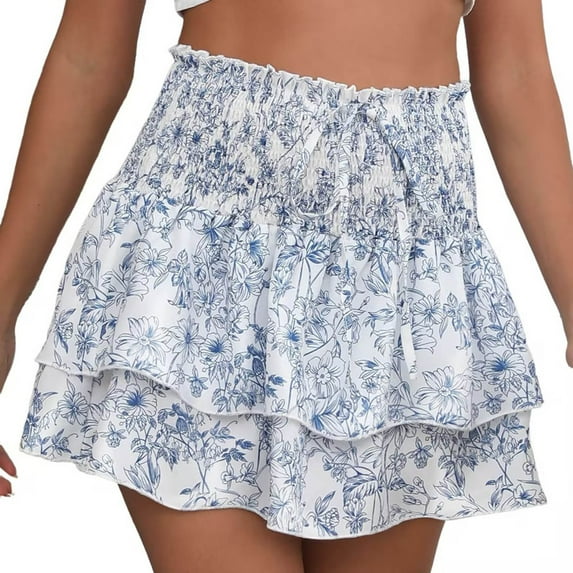 White Ladies Floral Graphic Loose Fit Spandex Skirts for Women Mini Little Happy Vacation Gift Brunch Bohemian Ruffle High Waisted Tiered 2025 Clothing Fashion L