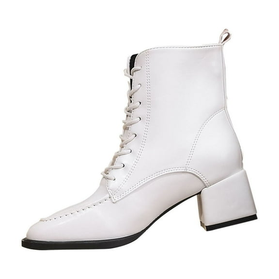 White Ladies Front Lace Up Ankle Boots Square Toe Chunky Heel Mid Heel Solid Color Casual Winter Footwear