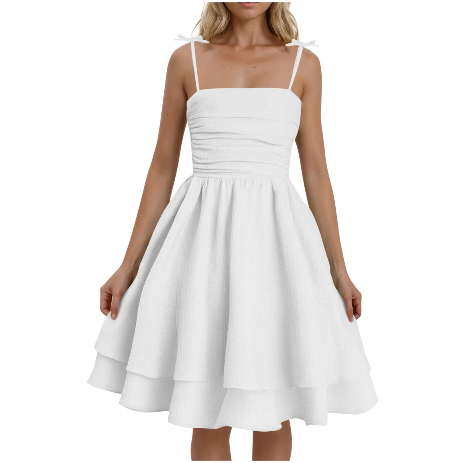 White Ladies Lace Lounge Dresses for Juniors Slip Adjustable Cute Pleated  Cami Tie Knot Tiered Plain Midi Knee Length Summer Fall 2025 Soft Comfy  Clothes Trendy L - Walmart.com