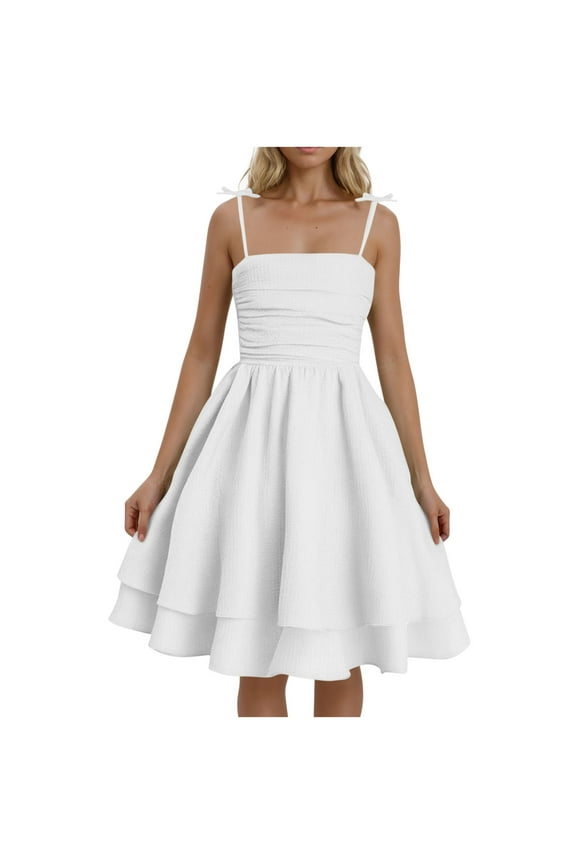 White Ladies Lace Lounge Dresses for Juniors Slip Adjustable Cute Pleated Cami Tie Knot Tiered Plain Midi Knee Length Summer Fall 2025 Soft Comfy Clothes Trendy L