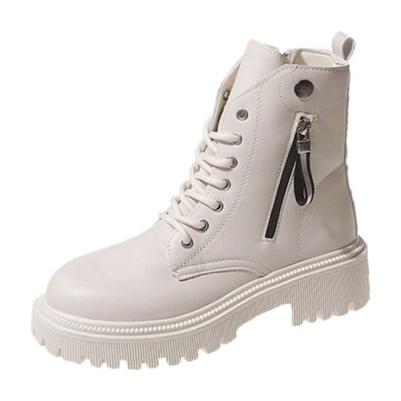 White Ladies Lace Up Boots Round Toe Low Heel Design For Casual Style