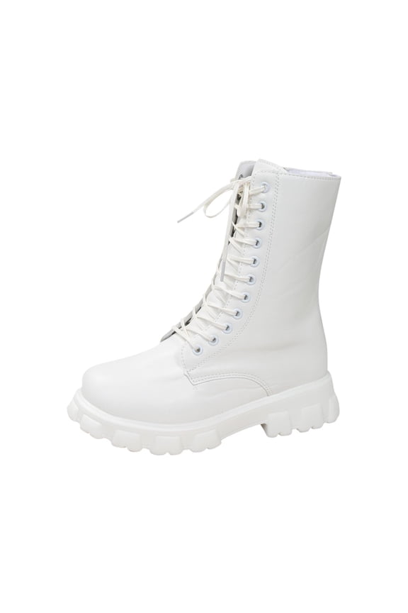 White Ladies Lace-Up Boots Round Toe Thick Sole Low Heel Solid Color British Style Casual Outdoor Indoor Women Fashionable