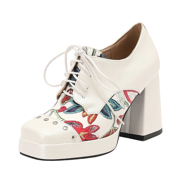 White Ladies Lace Up Front High Heel Boots With Platform Sole And Floral Embellishments For Daily Use