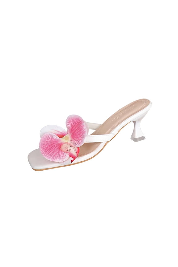 White Ladies Open Toe Mules With Floral Detail And Square Toe Design Stiletto Heel Comfortable For Walking