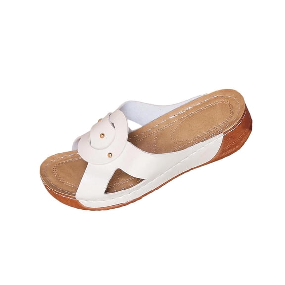 White Ladies Open Toe Slippers With Chunky Wedge Heel And Adjustable Strap For All-Day Ease