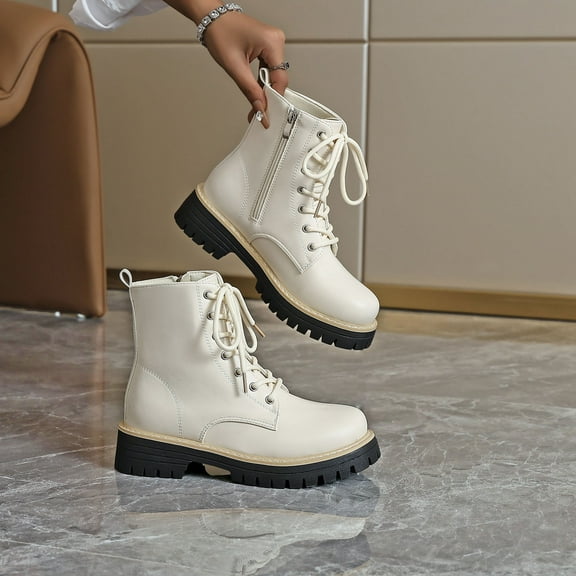 White Ladies Relaxed Ankle Footwear With Front Lace Up And Side Zipper Ideal For Winter Activities Low Heel Construction Round Toe Casual Occasions