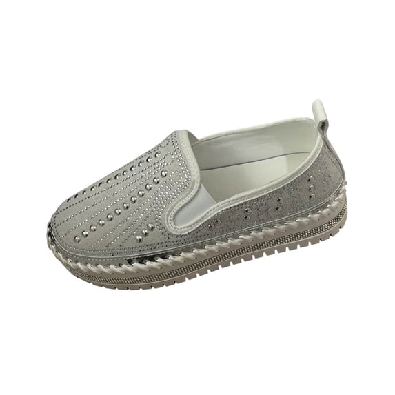 White Ladies Slip On Loafers Round Toe Rhinestone For Comfortable Walking