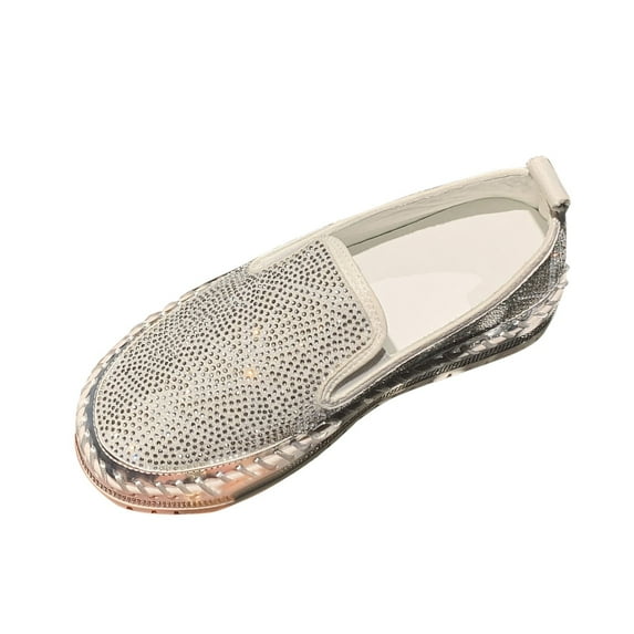 White Women'S Rhinestone Platform Loafers Slip On Comfortable Sparkly Embellished Walking Shoes Thick Sole Casual Sneakers