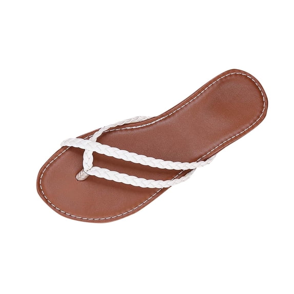White Ladies Summer Woven Toe Flip Flops, Flat Heel Pvc Sole Flip Flops, Fashionable Durable Daily Use For Beach Casual Wear