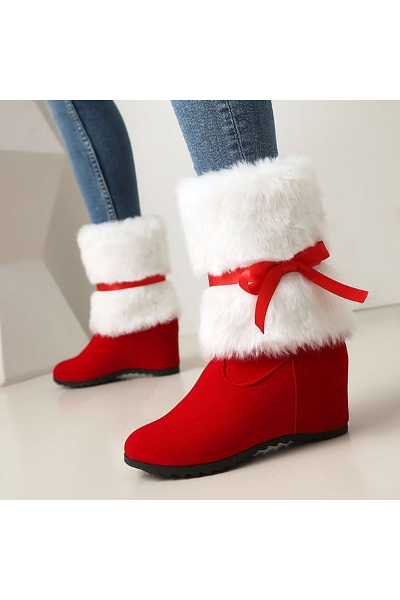 White Ladies Winter Footwear With Christmas Themed Reindeer Round Head Thick Sole Thick Heel High Heels And Thick Design For Outdoor Activities Comfortable