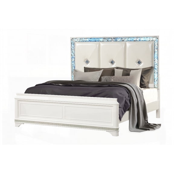 Queen Size Wood Platform Bed with LED Lights and Crystal Accents in White for Bedroom