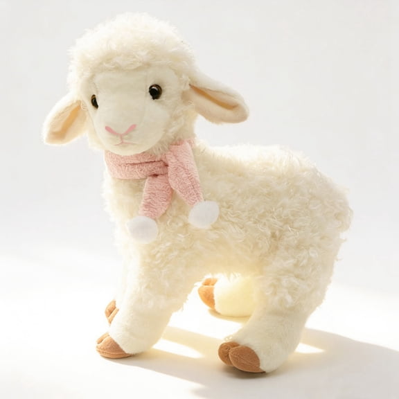 White Lamb Plush Toy Realistic Sheep Wearing Scarf Plush Doll Soft Animal Doll Cute Toy Gift