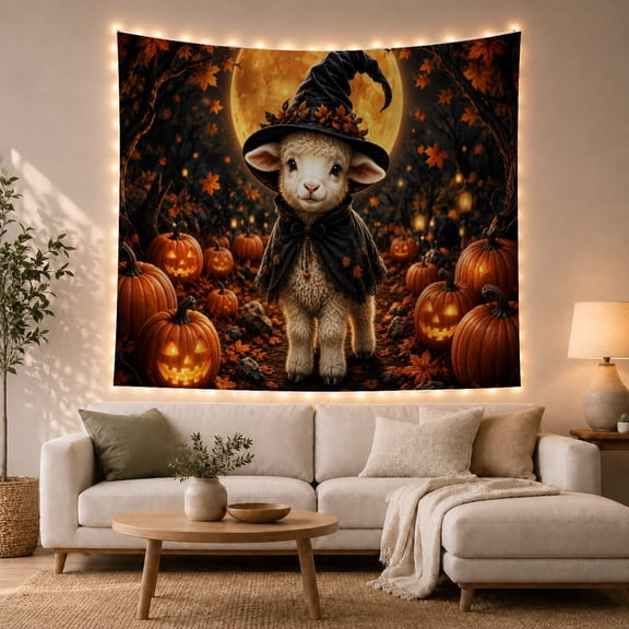White Lamb in Witch Costume in Moonlit Forest, Whimsical Illustration for Kids, Animal Art Decor Halloween Gift Tapestry Wall Hanging for Bedroom and Living Room