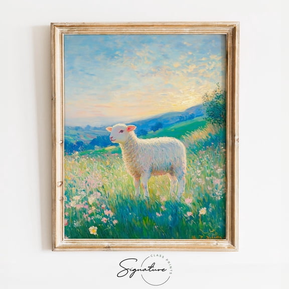 White Lamb in Meadow Art, Vintage Farmhouse, Rustic Country Decor, Cottagecore Animal Wall Art, White Lamb Poster 3852 Unframed Paper Print