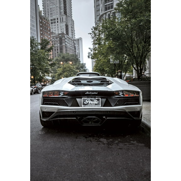 White Lamborghini 24"x36" Photographic Print Poster Supercar Parked On The Side Of Street
