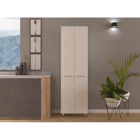 White Laminated Particle Board Pantry Cabinet with 5 Shelves - Minimalist Style for Kitchen & Home