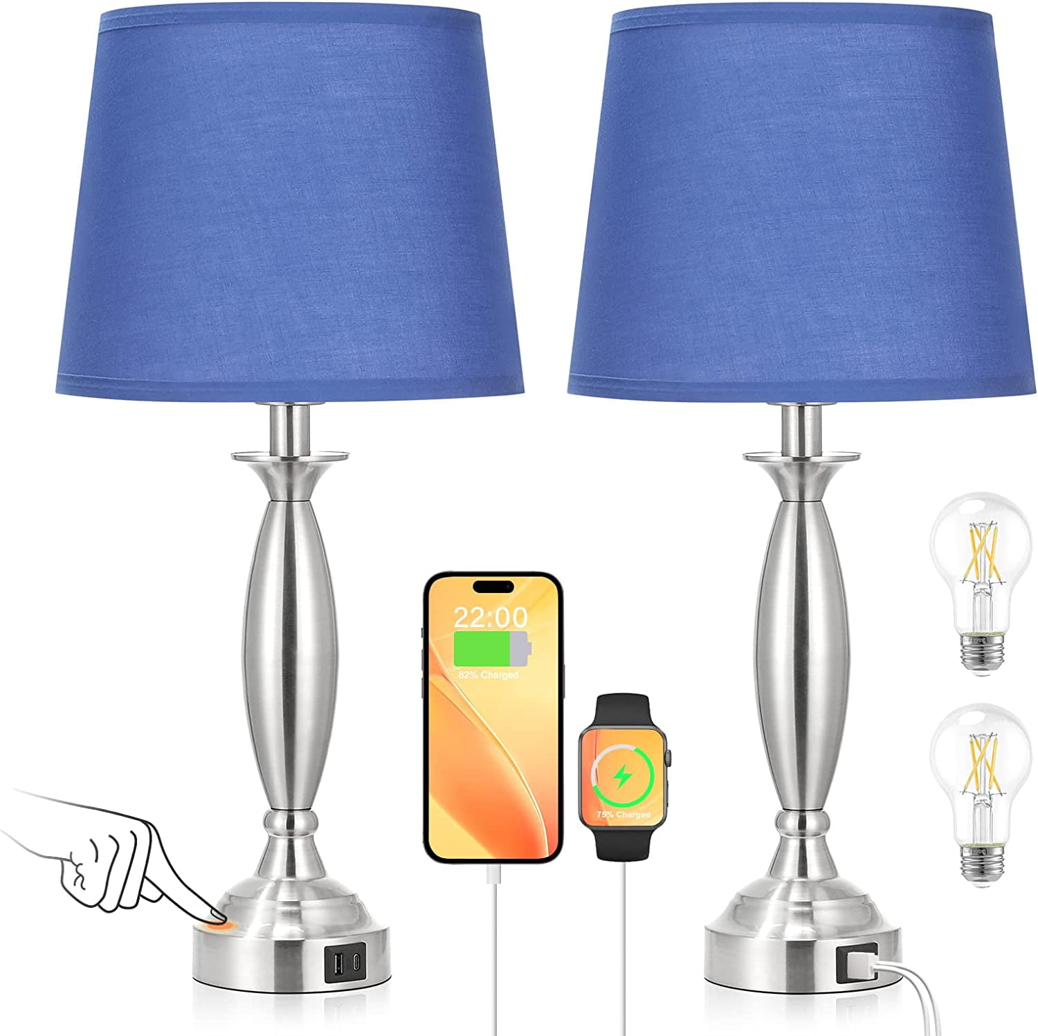 White Lamps for Bedrooms Set of 2 Touch Control Bedside Lamp with USB