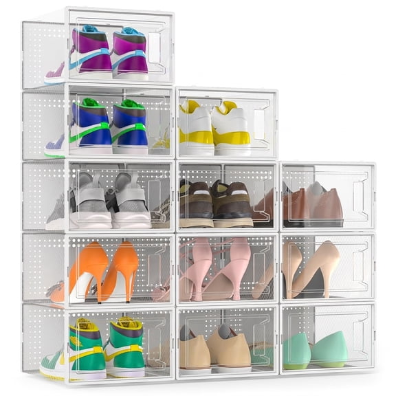 White Large 12 Pack Stackable Plastic Shoe Storage Box Organizer