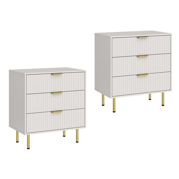 White Large 3 Drawer Night Stand Set of 2 ,Fluted NightStand Bedside Table set for Bedroom