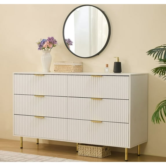 HRYJ White Large 6 Drawer Dresser 56" Wide Fluted Long Chest of Drawers Dressers for Bedroom