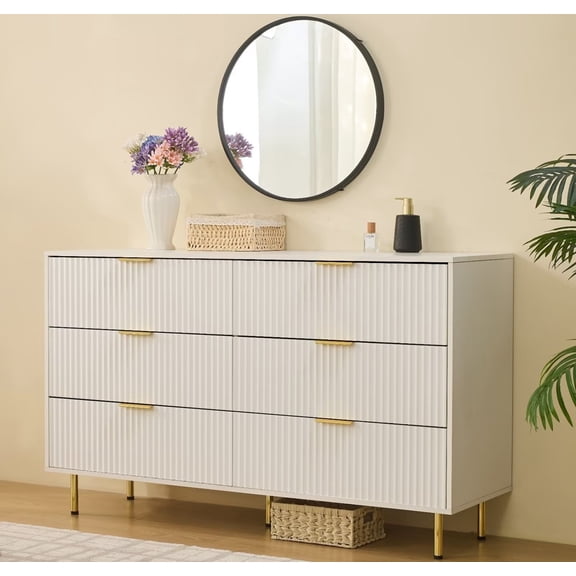 HRYJ White Large 6 Drawer Dresser 56" Wide Fluted Long Chest of Drawers Dressers for Bedroom