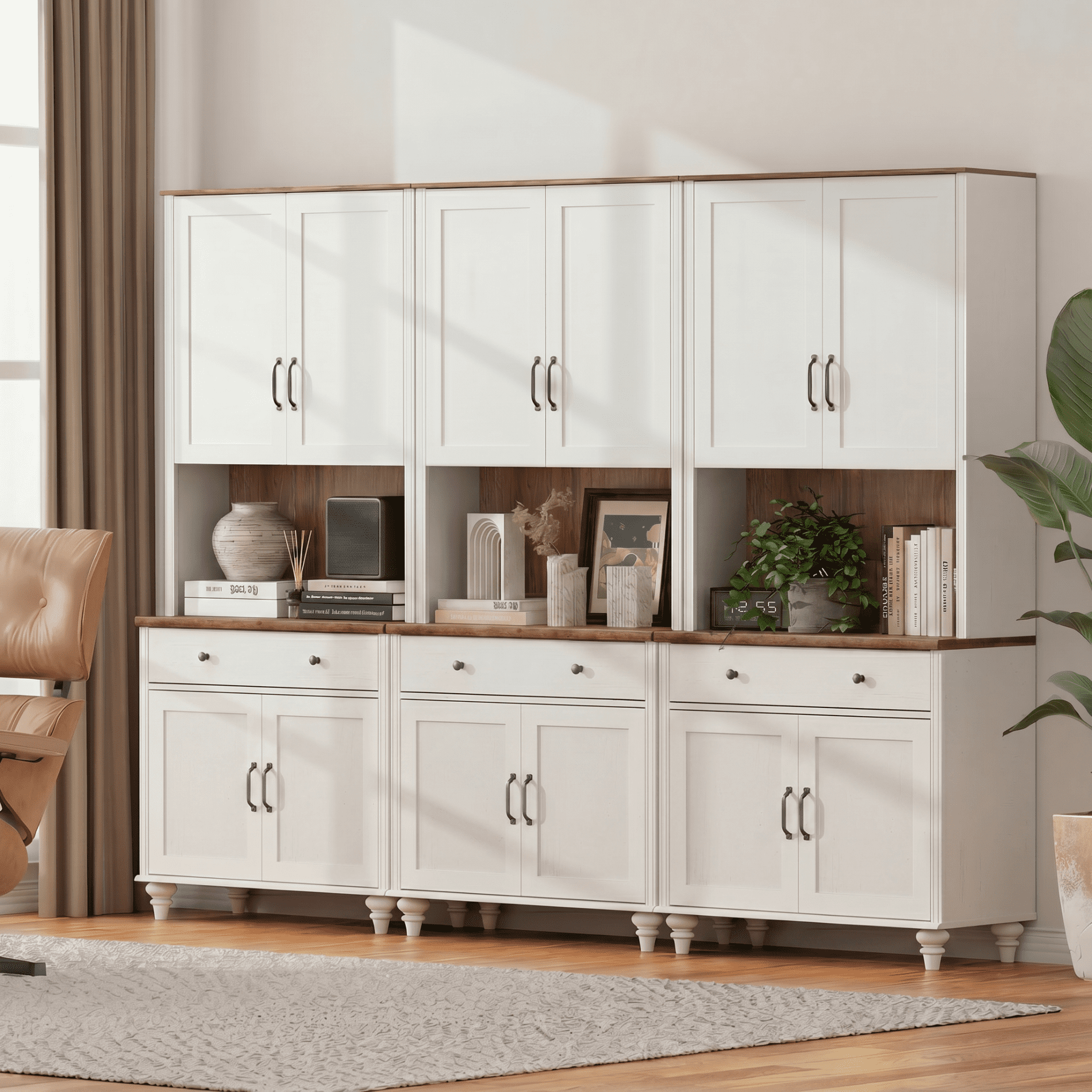 White Large Bookcase, Bookshelf with Ample Storage Cabinet, Farmhouse Library Wooden Bookshelves for Living Room, Office, Kitchen, Study Room